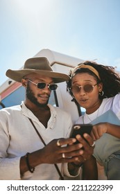 Phone, Fake News Social Media Video And Couple Looking At Mobile Online Content Together Outdoor. 5g Internet And Technology Of Friends Watching Wow Web Content On Digital Streaming Platform