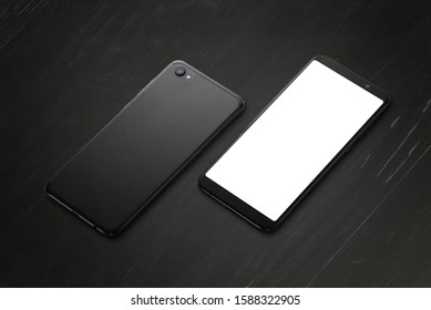 Phone Front And Phone Back Side On Black Wooden Desk. Close-up Isometric Position. Isolated Screen For Mockup