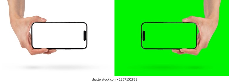 Phone in hand on a white background. A woman's hand holds a new modern phone in her hand on a white background with a blank white screen. Smartphone isolated on green background with green screen. - Powered by Shutterstock