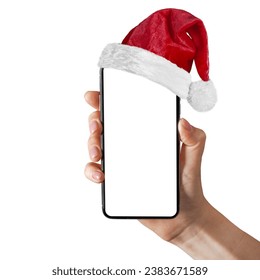 a phone in a hand with a Santa Claus hat for Christmas - Powered by Shutterstock