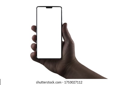 Phone in hand. Silhouette of male hand holding bezel-less smartphone on white background. Screen is cut with clipping path.