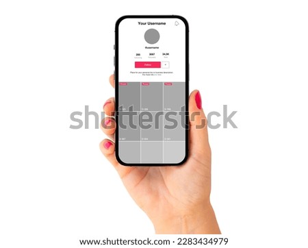 Phone in hand with video sharing app mockup on it's screen