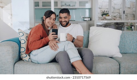 Phone, happy and couple relax on sofa for social media post, online website and internet at home. Communication, relationship and man and woman on smartphone for quality time, bonding and networking - Powered by Shutterstock