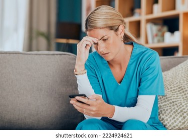 Phone, Healthcare And Worry With A Woman Nurse Reading A Text Message While Sitting On A Sofa In A Hospital Office. Mobile, Medicine And Medical With A Female Health Professional Receiving Bad News