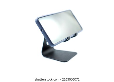 Phone Holder Desk Black Aluminum Metal With Smartphone Isolated On White