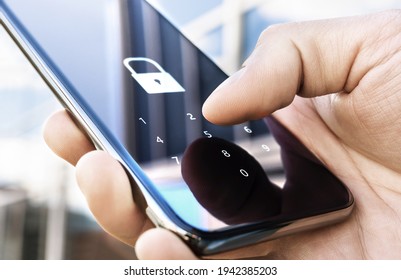 Phone Lock Code. Smartphone Protection With 2fa (two Factor Authentication). Smartphone Protection And Security With Pin Number. Encrypted Data. Personal Online Privacy. Cyber Hacker Threat.