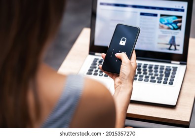 Phone lock code. Smartphone protection with 2fa (two factor authentication). Smartphone protection and security with pin number. Encrypted data. Personal online privacy. Cyber hacker threat. - Shutterstock ID 2015357270