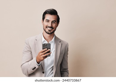 phone man suit happy portrait business smartphone smile blogger call hold - Powered by Shutterstock