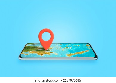 Phone As A Map Concept. Map Pin Pinned To The Phone Display Where The Map Is Located. The Concept Of Summer Travel And Finding A Holiday Destination