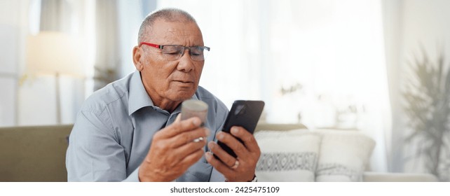 Phone, medicine and senior man with home research, reading label and learning of telehealth services. Online patient with pills bottle, tablet and mobile for information or health benefits on a sofa - Powered by Shutterstock