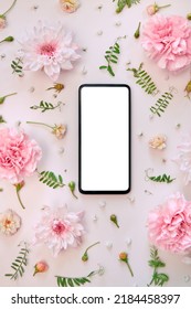 Phone Mock Up Screen On Pink Pastel Flowers White Floral Feminine Spring Background. Mockup Smartphone Blank Clear Empty Display Flower Shop App Florist Delivery Template. Top View, Flat Lay