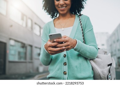 Phone, Networking And Black Woman With Mobile App, Social Media Post Or 5g Internet Outdoor With In A Urban City. Happy African Gen Z Girl Typing On Her Cellphone For Online Post And Contact With App