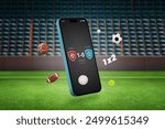 Phone on a football stadium with a betting app and a composition of different sports balls. Concept represents online betting, showcasing digital convenience and diverse betting options