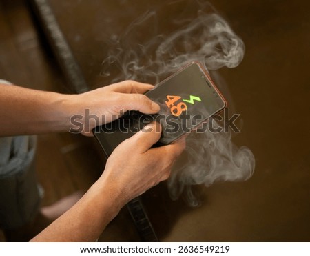 Phone overheating while in use, indicated by smoke and charging symbol in a home setting
