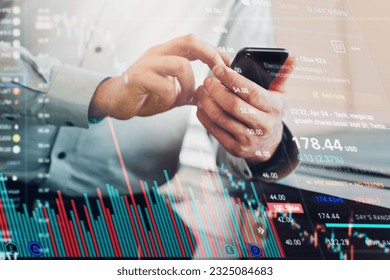 Phone, overlay and business person and data analysis, stock market results and graphs, charts or finance statistics. Professional people hands with mobile trading, stats report and financial profit