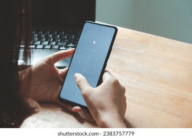 Phone password lock button for mobile cyber security or login secure passcode in online bank app. Data privacy and protection from hacker threats. Concept of cybersecurity technology of the business.