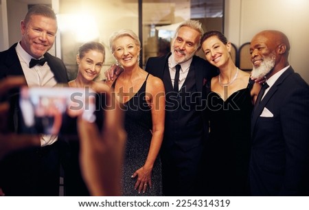 Phone photography, success or friends in a party to celebrate goals or new year at fancy luxury event. Women, senior or happy people smile in pictures for social media at dinner gala or fun birthday