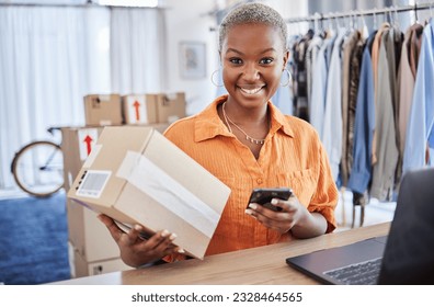 Phone, portrait or black woman with box for delivery, shipping package or ecommerce logistics. Online sale, stock or happy business owner with product label or store order for mobile courier service - Powered by Shutterstock