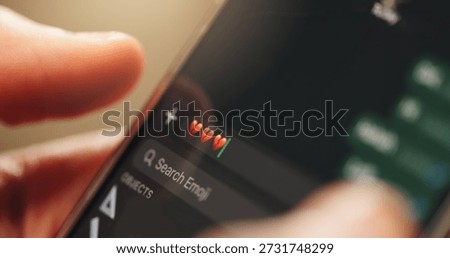 Phone screen, hands or message with broken heart emoji for virtual dating, disappointed or connection. Online chat, partner response or mobile with icon for digital heartbreak, upset person or ui