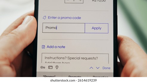 Phone screen, promo code and hands of person for retail, sale or store discount with ecommerce. Smartphone, app and customer with online shopping choice, order or delivery application with payment