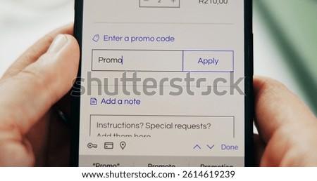 Phone screen, promo code and hands of person for retail, sale or store discount with ecommerce. Smartphone, app and customer with online shopping choice, order or delivery application with payment