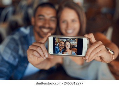 Phone screen, selfie or happy couple at cafe for brunch date, romance or anniversary celebration. Smartphone, photography or people at restaurant on app for memory, profile picture and lunch - Powered by Shutterstock