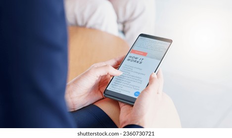 Phone screen, website and hands scroll or people with clients review, about us and digital marketing services. Web design, information and faq page of business person on cellphone or user mobile app