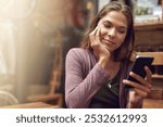 Phone, scroll and woman in cafe for relax, online dating and social media blog on internet. Mobile, coffee shop and customer reading text message, website notification and chat app for communication