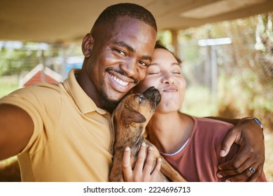 Phone Selfie, Dog And Couple Hug, Have Fun And Enjoy Bonding Quality Time Together In Forest Cabin. Love, Peace And Romantic Portrait Of Black Man And Woman Happy With Pet Animal On Nature Vacation