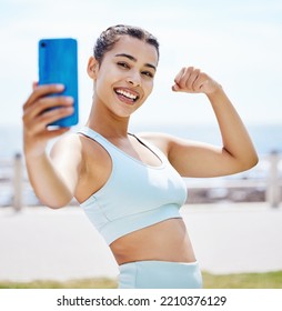 Phone Selfie, Fitness Girl Flexing Arms, Happy Smile For Workout, Exercise Or Training By Beach. Exercise, Training Or Sports Health Influencer Woman For Wellness Motivation For 5g Social Media Post