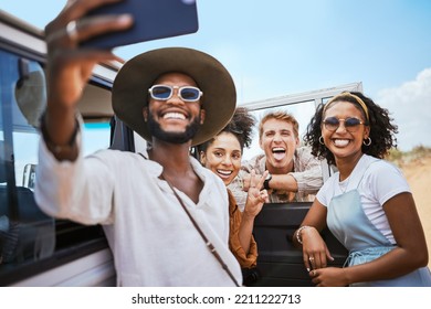 Phone selfie, friendship and car road trip or nature safari holiday travel in Africa together happy for adventure. Mobile photography of excited men, women or young group of people on summer vacation - Powered by Shutterstock - Get 15% off with code: PIKWIZARD15
