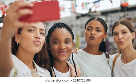 Phone, Selfie And Gen Z Friends In University Shopping On Summer Holidays, Vacation And Having Fun Together As Girls. Diversity And College Students Enjoying Quality Time, Photo And Urban Culture