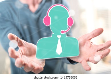 Phone support concept above the hands of a man in background - Shutterstock ID 1465753052