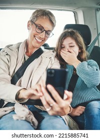 Phone, Surprise And Mother With Child On Car Journey, Travel Or Road Trip For Adventure, Bond Or Fun Quality Time Together. Love, Shock Or Transport For Kid Girl With Happy Mom Streaming Online Movie