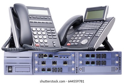 Phone Switch System And Two Digital Telephone Sets Isolated On The White Background