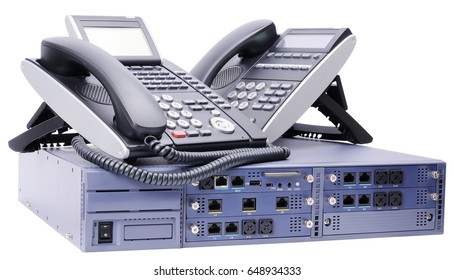 Phone switch system and two digital telephone sets isolated on the white background