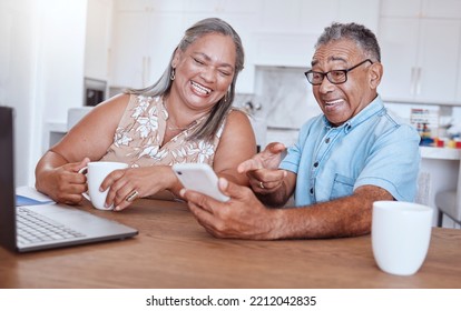 Phone, Video Call And Happy Elderly Couple Talking And Laughing While Drinking Coffee And Bonding At A Table. Happy Family, Love And Retired Man And Woman Enjoy Online Communication And Subscription