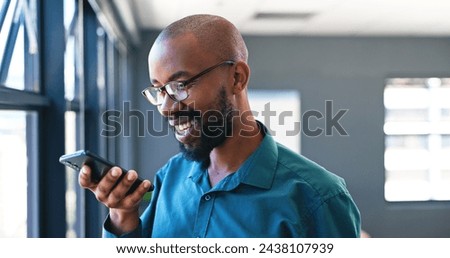 Phone, voice recognition and businessman in office, audio and app for communication. Smile, tech and professional African male person recording message on call, speaker and conversation in workplace