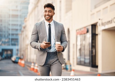 Phone, walking and business man in city for social media, networking and website on morning commute. Travel, professional and happy male worker in road with coffee and smartphone for internet in town