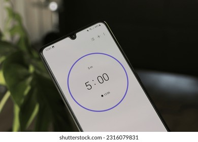 A phone with a white 5-minute timer on a blurry background - Shutterstock ID 2316079831