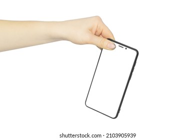 Phone With White Screen In Hand On White Background, Concept To Pass Or Throw Away