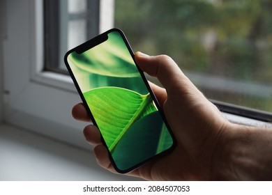 Phone witha a green leaf wallpaper addressing green tech, combination of nature and technology, green energy.