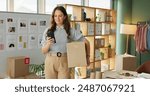 Phone, woman and package for delivery of small business of e commerce order, online information and planning transport. Owner, mobile and logistics for supply chain, supplier invoice and courier app