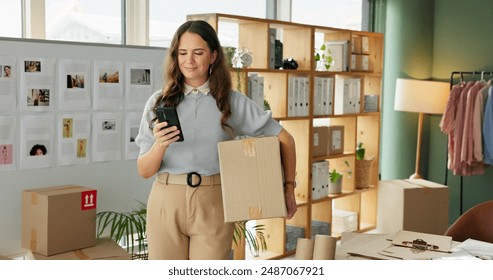 Phone, woman and package for delivery of small business of e commerce order, online information and planning transport. Owner, mobile and logistics for supply chain, supplier invoice and courier app - Powered by Shutterstock