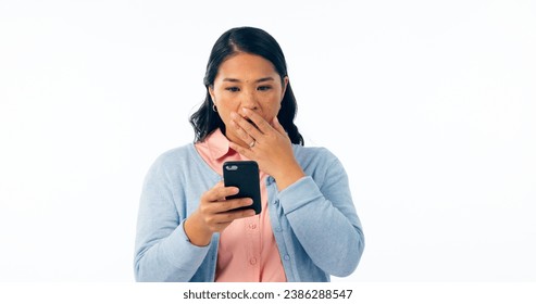 Phone, wow and woman in studio with emoji surprise for fake news, social media or chat on white background. Smartphone, notification and Asian model with omg gesture for sign up, app or hacker alert - Powered by Shutterstock