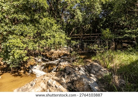 The Phophonyane river, where it flows between the lush riverine forest, with a footbridge in the background, at the Phophonyane Nature Reserve.