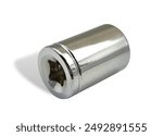 Photo of a 12mm chrome vanadium socket for a ratchet, wrench, or spanner, isolated on white background.