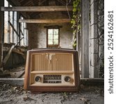 A photo of a 19th-century radio in an abandoned house, covered with a light layer of dust, indicating its old age. The radio has a wooden cabinet and a few dials. 