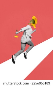 Photo 3d collage poster postcard picture artwork of funky crazy man daisy instead face running date isolated on drawing background - Shutterstock ID 2256065183