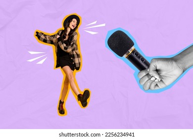 Photo 3d collage poster postcard picture magazine of happy girl have fun singing song big mic arm isolated on painted background - Shutterstock ID 2256234941